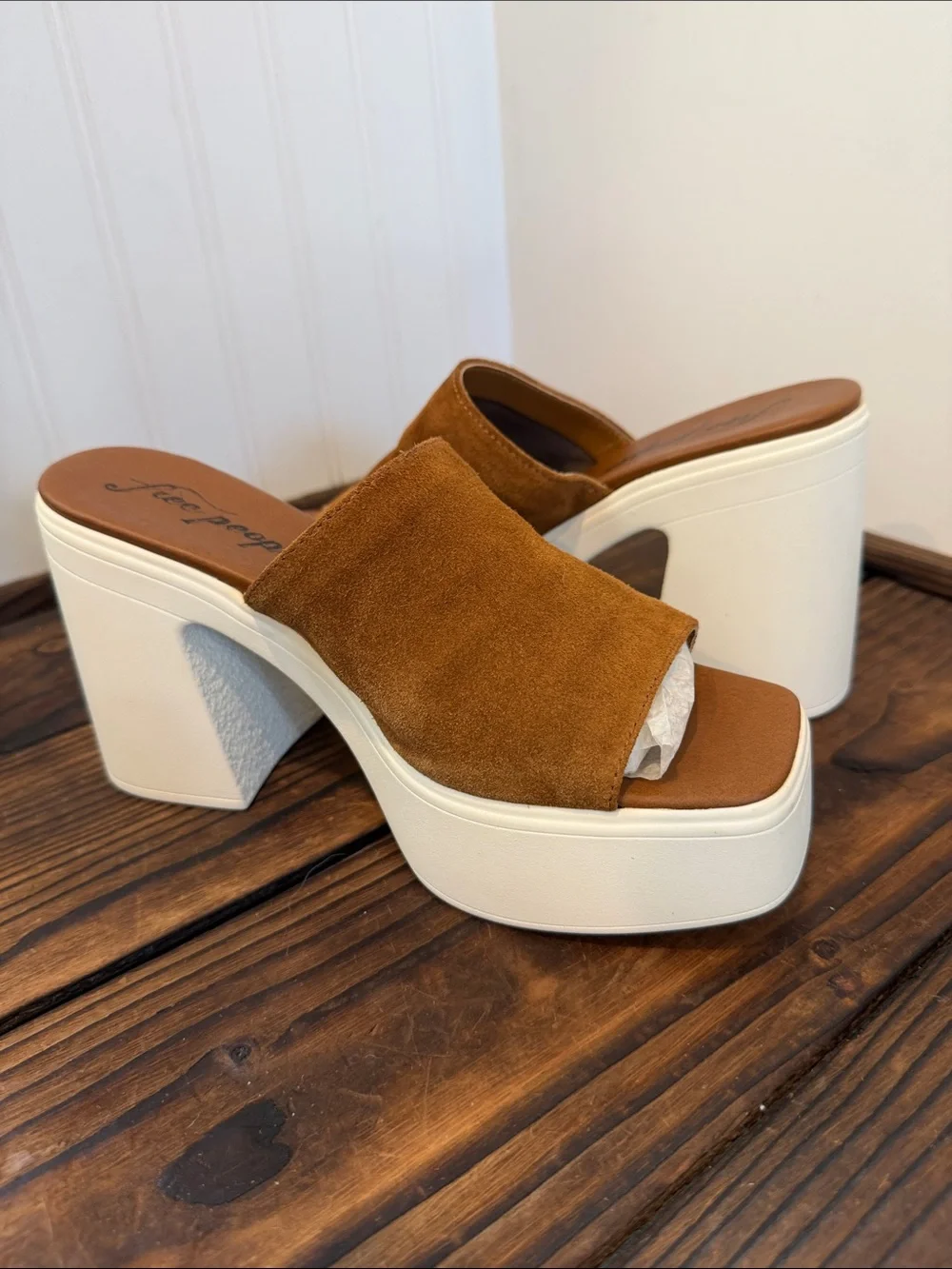 NWT Fee People Zoe Platform Suede Slide Cognac Brown